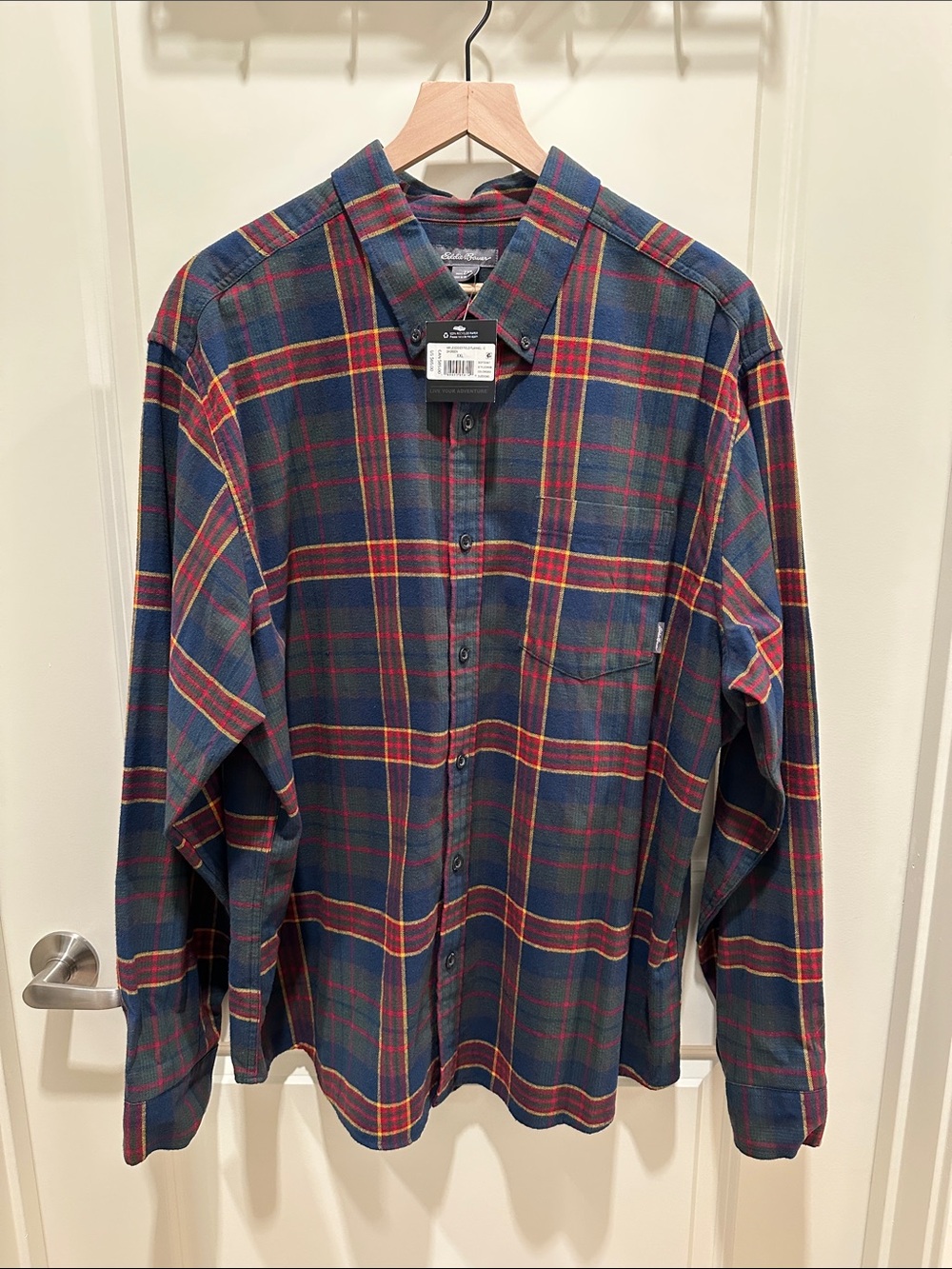 Eddie Bauer Blue and Green Plaid flannel Button-Down Shirt with Red Accents